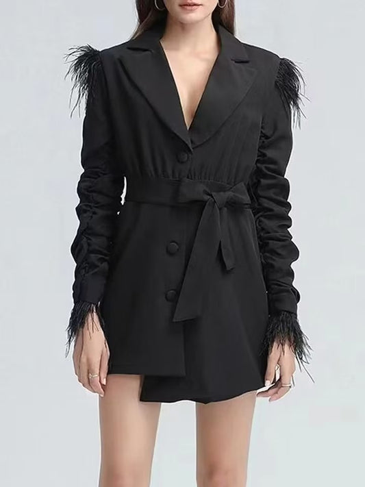 Cosmo Lady Autumn Blazer Collar Long Pleated Sleeve Personality Ostrich Fur Stitching Solid Color Coat