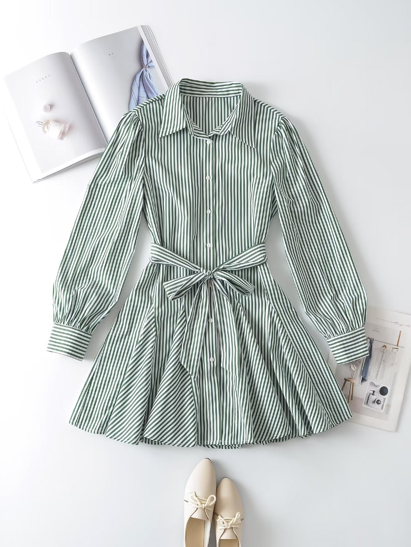 Elegant Dark Green Striped  Collared Single Breasted Waist Lace up Long Sleeve A line Dress Women Office