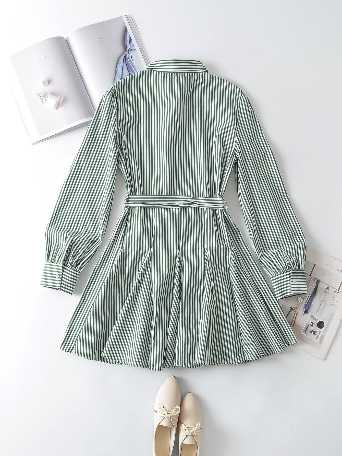 Elegant Dark Green Striped  Collared Single Breasted Waist Lace up Long Sleeve A line Dress Women Office