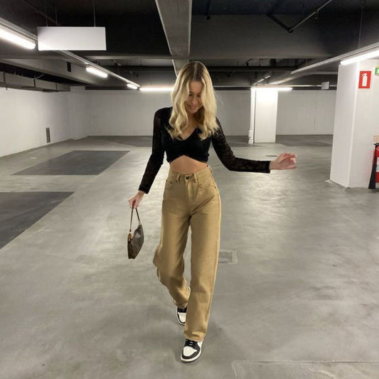 Street Hipster Retro Casual Straight Pants Khaki Baggy Pants High Waist Wide Leg Pants Jeans