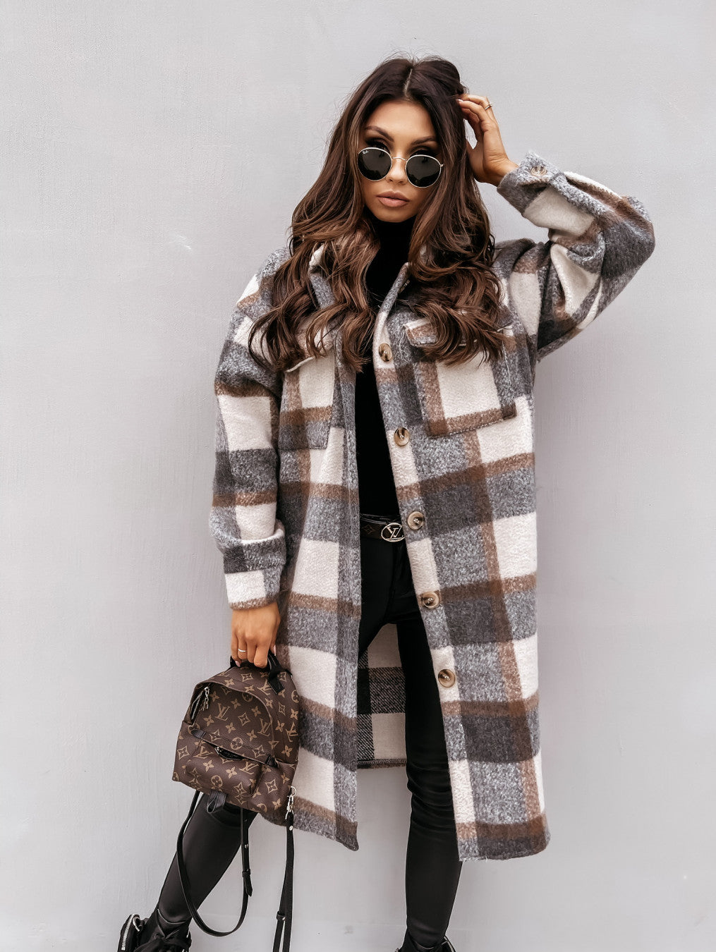 Women  New Fall Winter Long Sleeve Long Plaid Printed Shirt Woolen Jacket