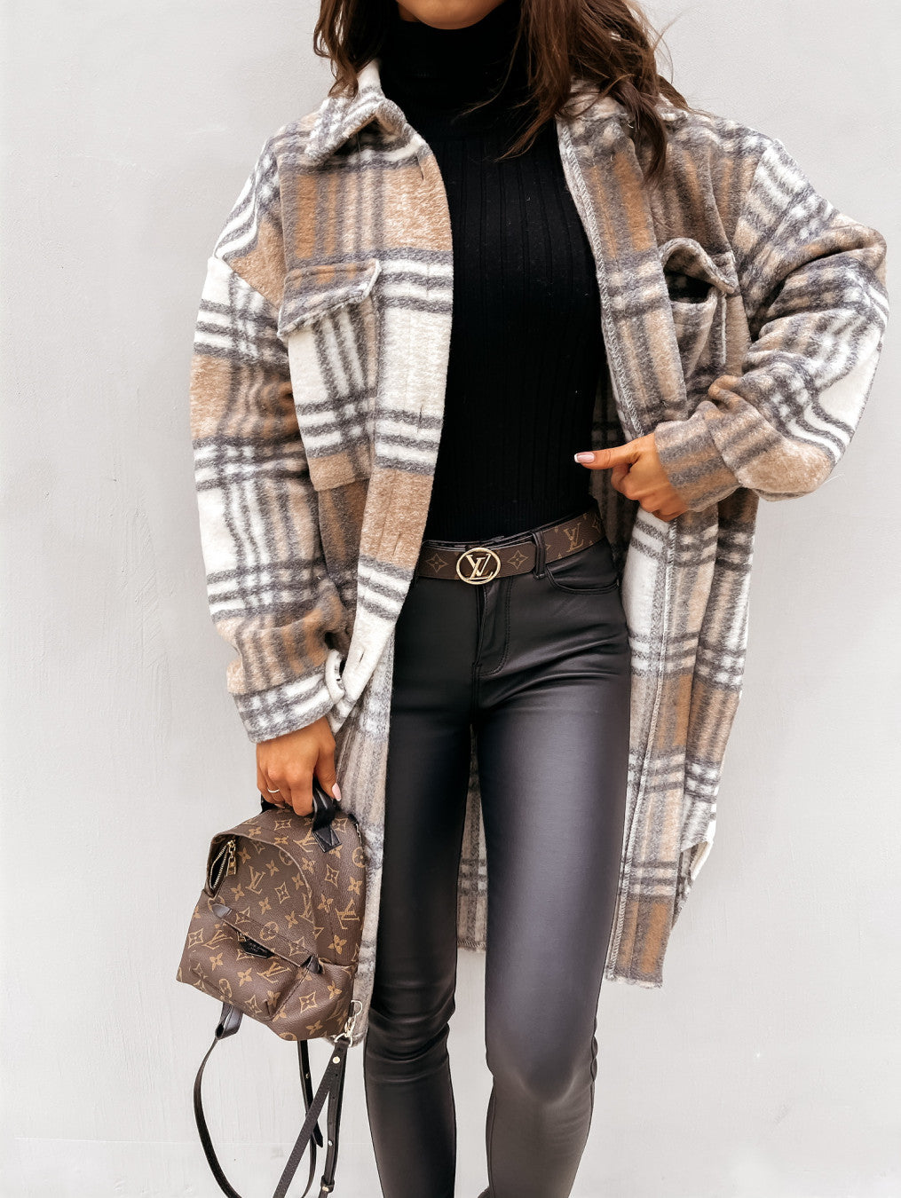 Women  New Fall Winter Long Sleeve Long Plaid Printed Shirt Woolen Jacket