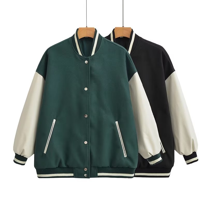 Fall Coat Contrast Color Brand Jacket Loose Top Combed Cotton  Varsity Jacket