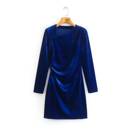 Winter Elegant Irregular Asymmetric Collar Pleated Velvet Dress Women