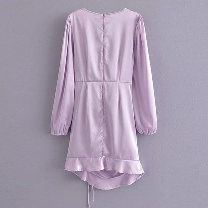 Autumn Winter Pink Long Sleeve Pleating Satin Dress Women Casual Dress Loose