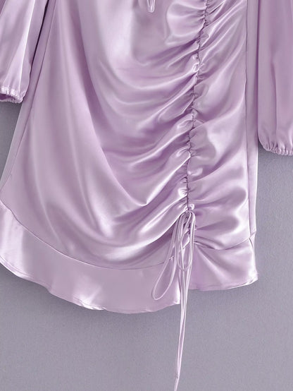 Autumn Winter Pink Long Sleeve Pleating Satin Dress Women Casual Dress Loose