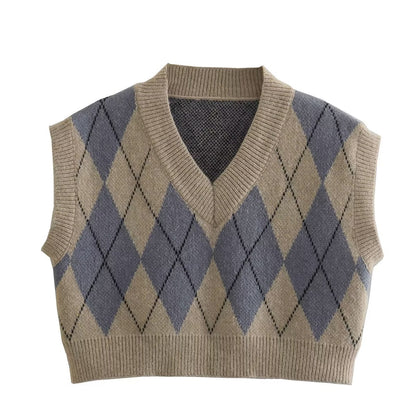 Chic Diamond Pattern Short Vest Women Clothing Autumn Winter Casual V neck Pullover Knitting