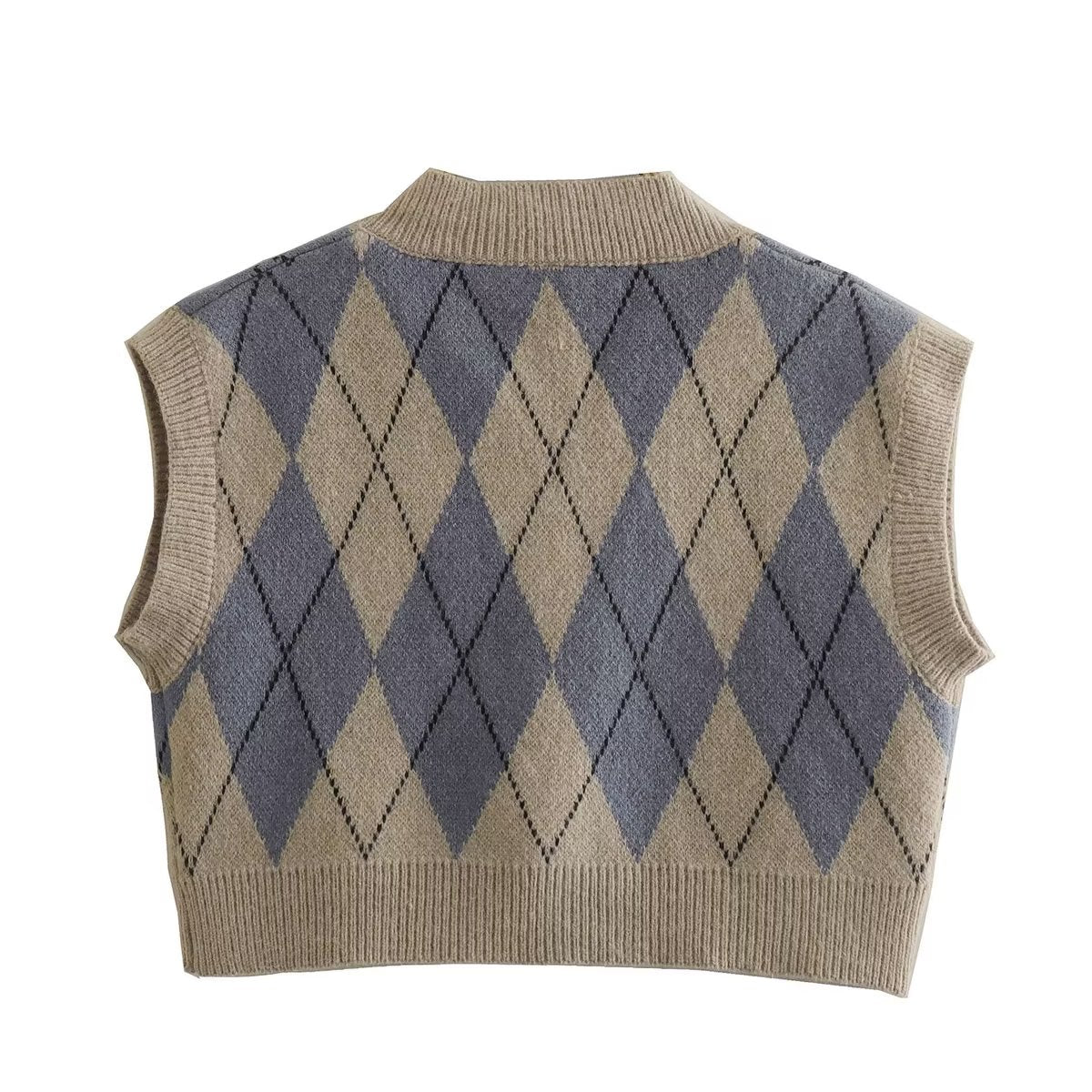 Chic Diamond Pattern Short Vest Women Clothing Autumn Winter Casual V neck Pullover Knitting