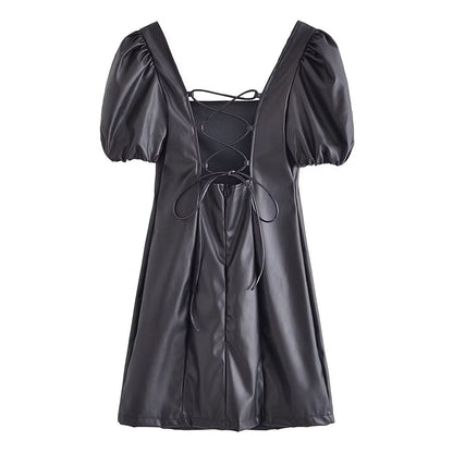 Women Autumn Square Collar Black Puff Sleeve Young Drawstring Strap Backless Faux Leather Dress