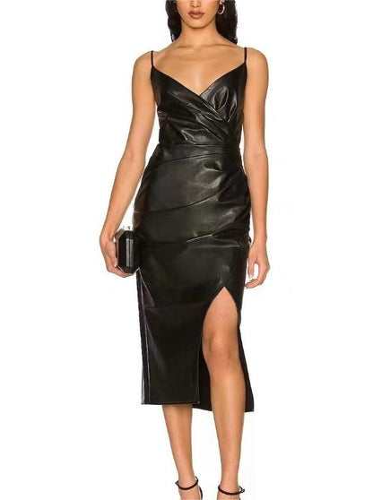 Spring Summer Women  Solid Color Wild Pleated Faux Leather Faux Leather Strap Dress