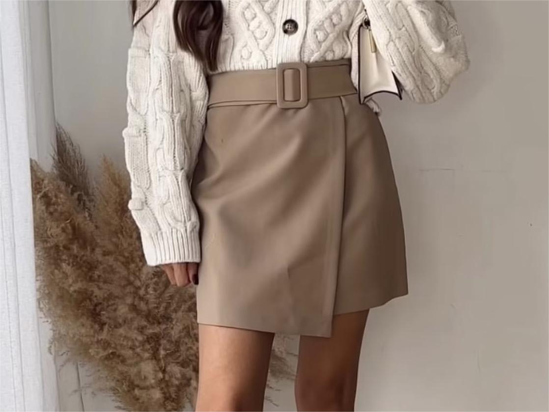 Autumn Khaki with Belt High Waist Skirt Slim Slimming A  line Skirt