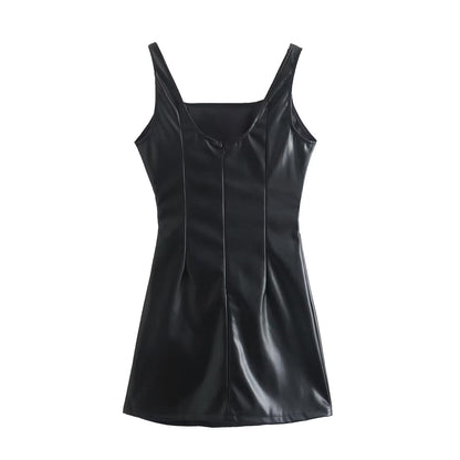 Spring Square Neck Cinched Slim Faux Leather Strap Dress Women