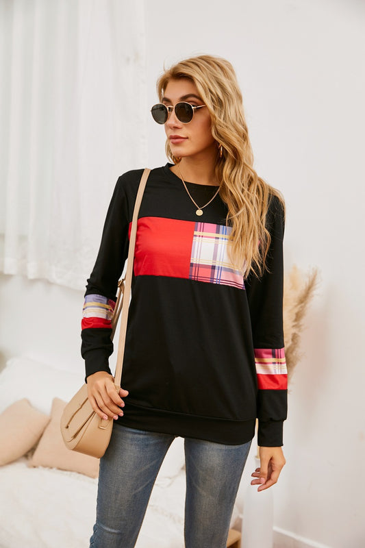 Round Neck Pullover Plaid Stitching Long Sleeve T shirt Loose Sweater Women Clothing