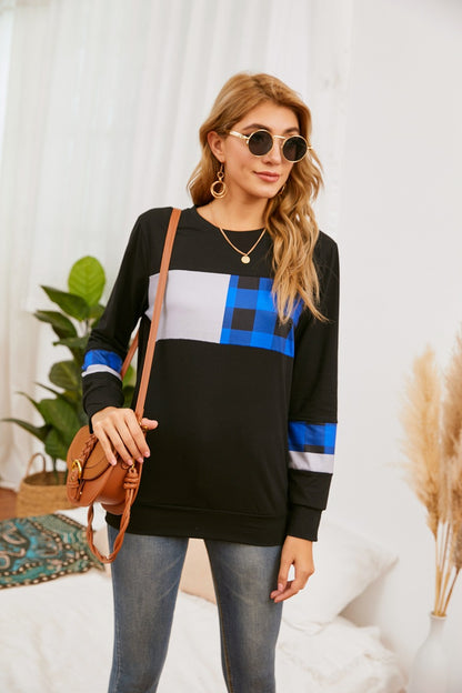 Round Neck Pullover Plaid Stitching Long Sleeve T shirt Loose Sweater Women Clothing