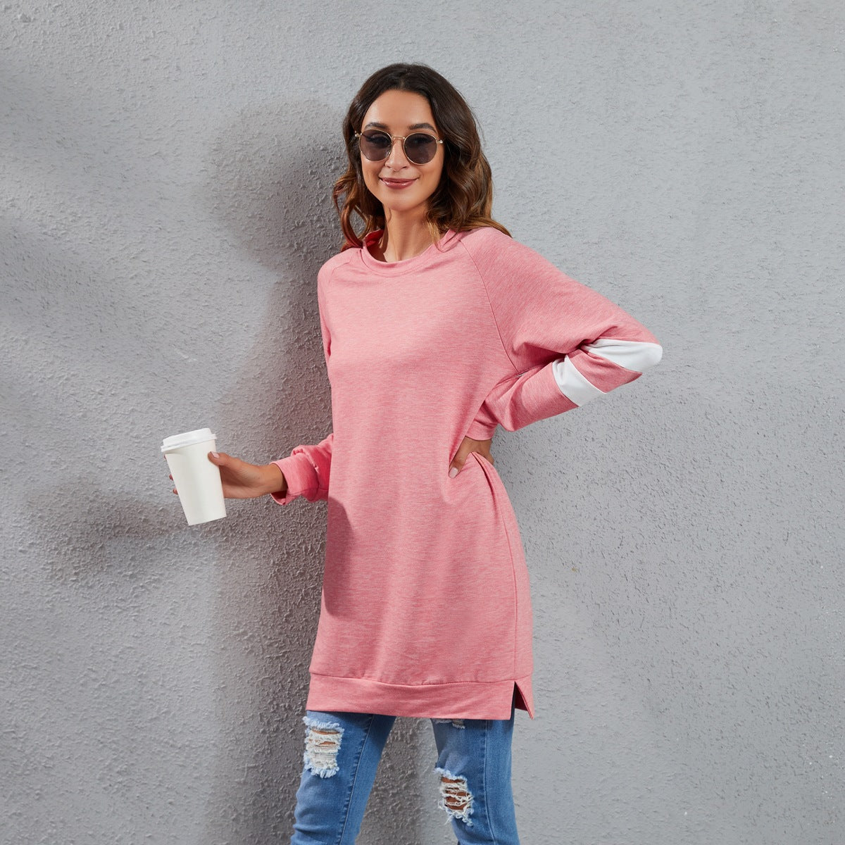 Spring Summer round Neck Contrast Color Stitching Long Sleeve Color Cotton Casual Loose Top Women