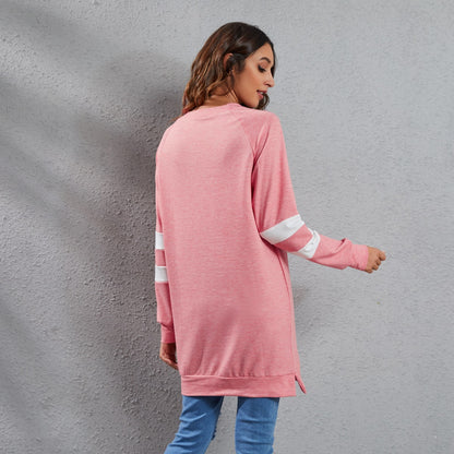 Spring Summer round Neck Contrast Color Stitching Long Sleeve Color Cotton Casual Loose Top Women
