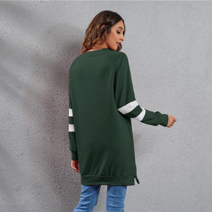 Spring Summer round Neck Contrast Color Stitching Long Sleeve Color Cotton Casual Loose Top Women