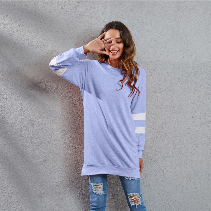 Spring Summer round Neck Contrast Color Stitching Long Sleeve Color Cotton Casual Loose Top Women