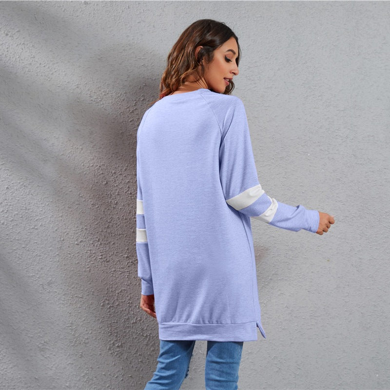 Spring Summer round Neck Contrast Color Stitching Long Sleeve Color Cotton Casual Loose Top Women