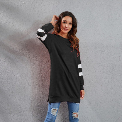 Spring Summer round Neck Contrast Color Stitching Long Sleeve Color Cotton Casual Loose Top Women
