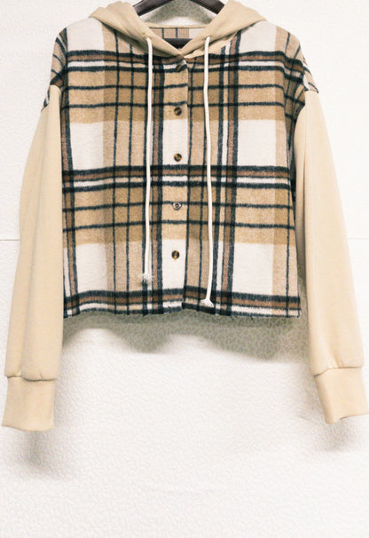 Early Spring Women Elegant Brushed Plaid Sweater Stitching Hooded Buckle Shacket