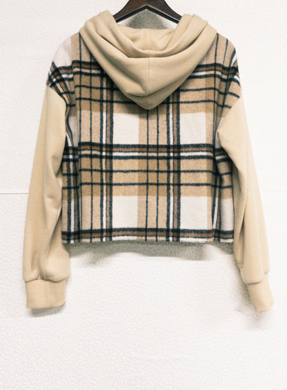 Early Spring Women Elegant Brushed Plaid Sweater Stitching Hooded Buckle Shacket