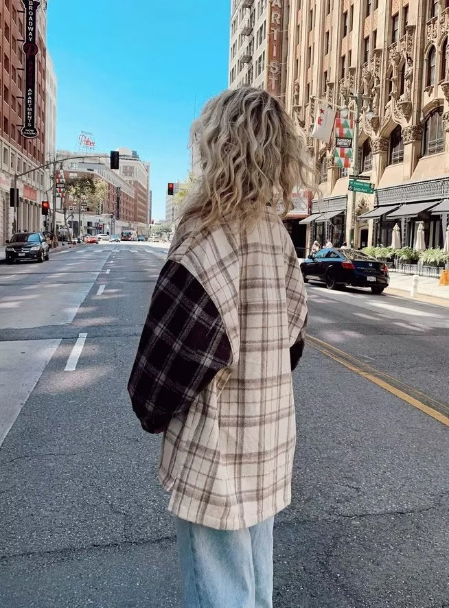 Winter Women Urban Casual Long Sleeve Color Matching Plaid Coat