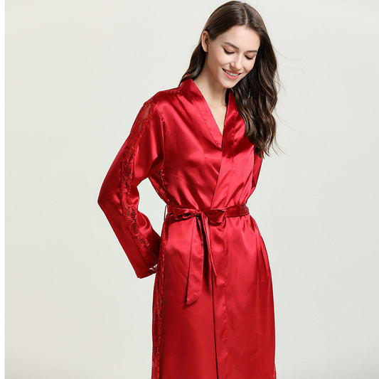 Women Pajamas Emulation Silk Nightgown Lace-up Sexy Long Robe Bathrobe Solid Color Homewear