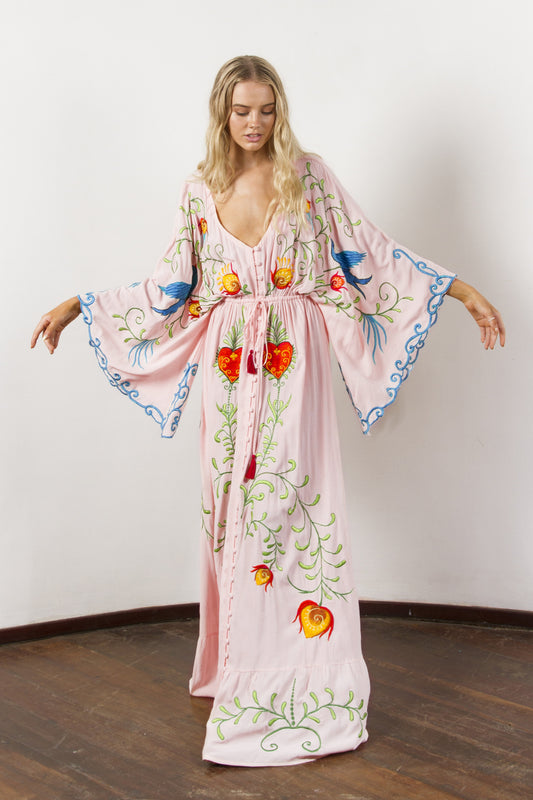 Women Spring Summer Bohemian Flower Embroidery Hollow Tassel Decoration Vintage Style Goddess Long Dress