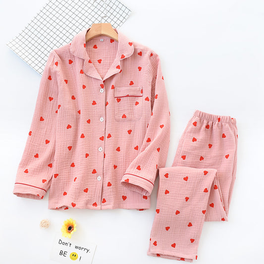 Women Cotton Crepe Pajamas Set Spring Autumn Thin Double-Layer Gauze Long-Sleeved Trousers Collared Soft Homewear