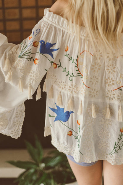 Women  Spring and Summer Bohemian Holiday Flower Embroidered Hollow Fringe Decorative Top