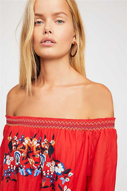 Women  Spring and Summer Bohemian Flower Embroidered Shoulder Dress