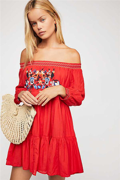 Women  Spring and Summer Bohemian Flower Embroidered Shoulder Dress