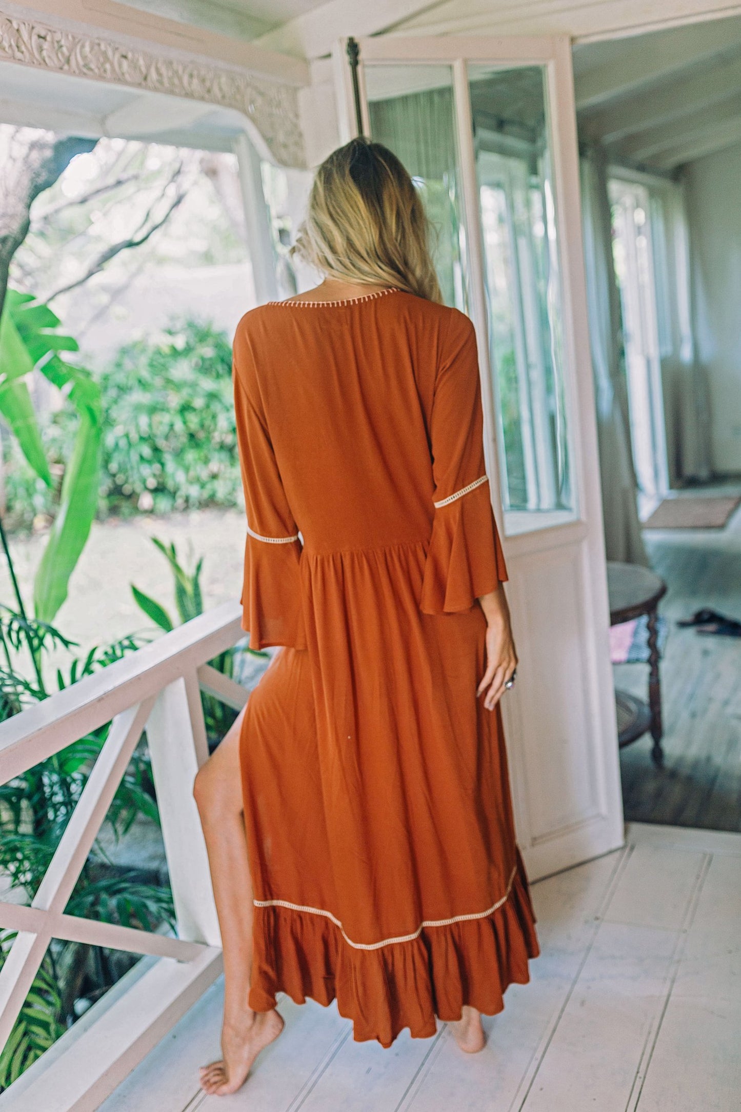 Women  Spring and Summer Bohemian Vacation Elegant Embroidered Solid Color Slits Long Dress