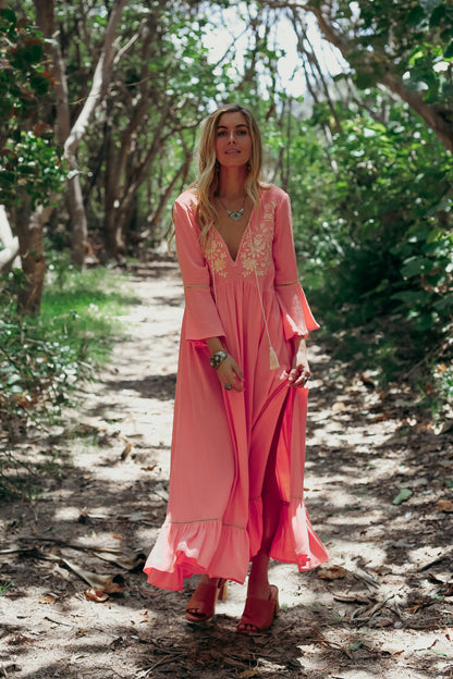 Women  Spring and Summer Bohemian Vacation Elegant Embroidered Solid Color Slits Long Dress