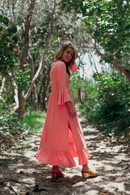 Women  Spring and Summer Bohemian Vacation Elegant Embroidered Solid Color Slits Long Dress