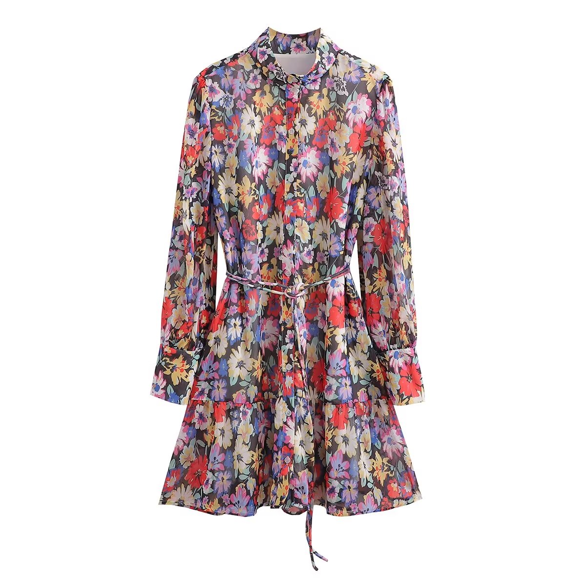 Spring Long Sleeve Chiffon Floral Printed All Matching Waist Belt Dress