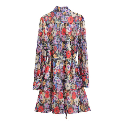 Spring Long Sleeve Chiffon Floral Printed All Matching Waist Belt Dress