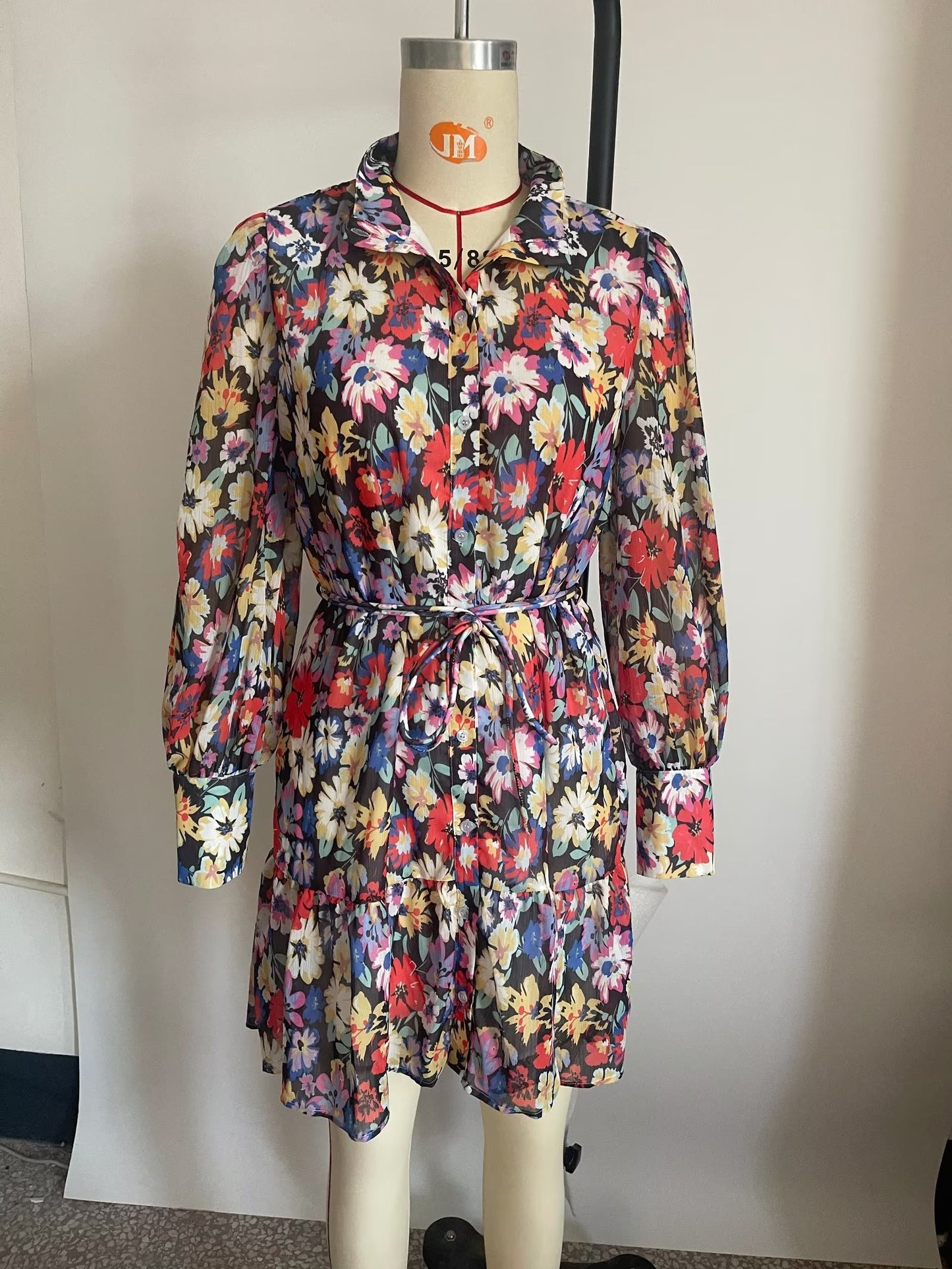 Spring Long Sleeve Chiffon Floral Printed All Matching Waist Belt Dress