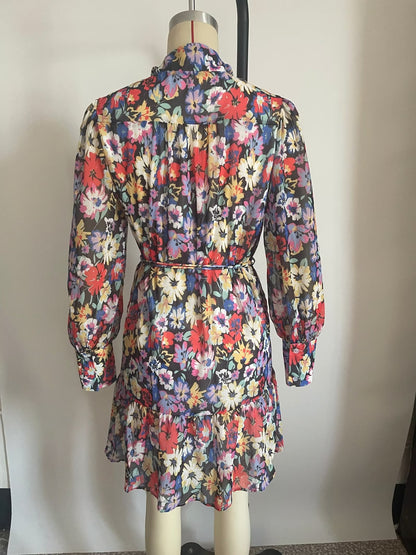 Spring Long Sleeve Chiffon Floral Printed All Matching Waist Belt Dress