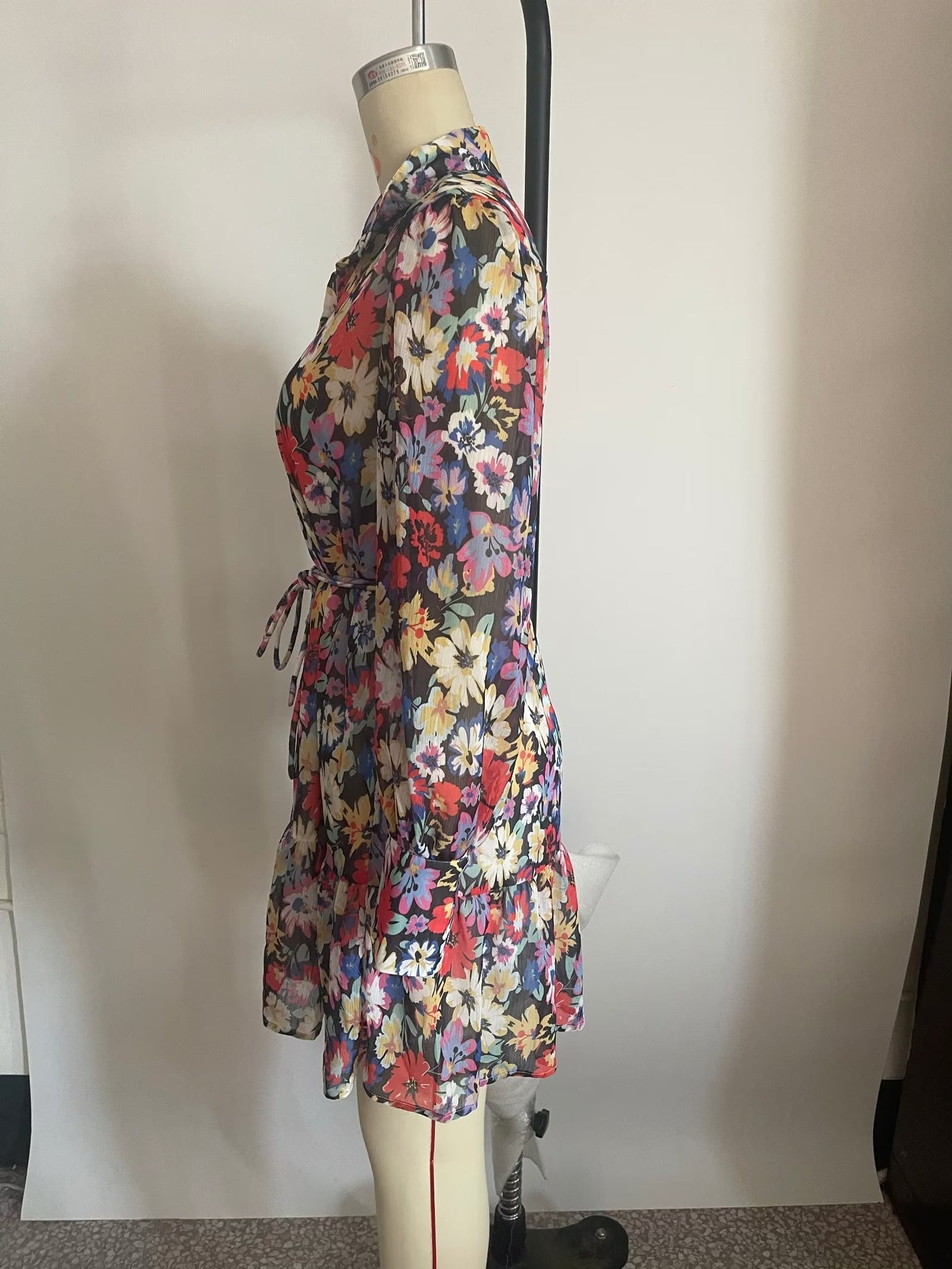 Spring Long Sleeve Chiffon Floral Printed All Matching Waist Belt Dress