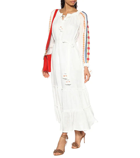 Women   Spring And Summer Bohemian Holiday Style Strap Embroidered Tassel Long Sleeve Dress