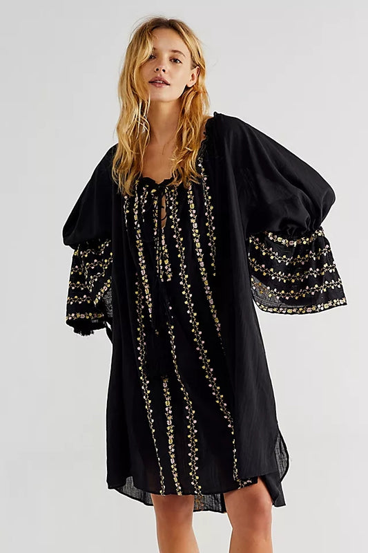 Women  Spring and Summer Bohemian Holiday Flower Embroidered Black Cotton Dress