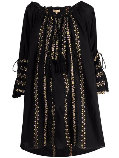 Women  Spring and Summer Bohemian Holiday Flower Embroidered Black Cotton Dress