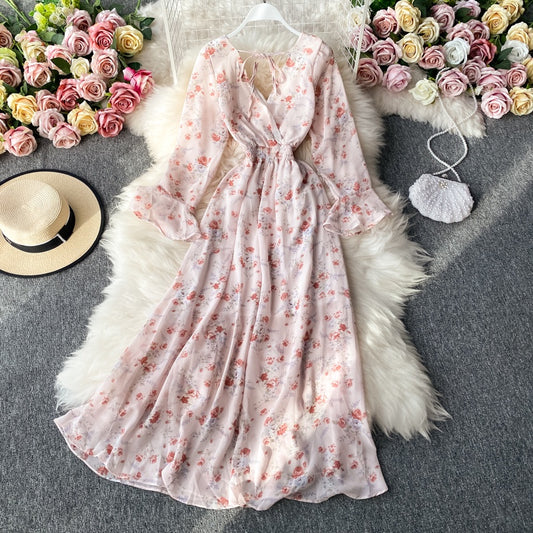 Autumn New Floral Chiffon Long Sleeve A Line Medium Long V Neck Backless High Waist Dress