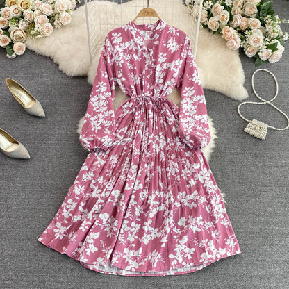 New V Neck Bubble Long Sleeve Waist Closing Print A Line Pleated Dress Elegant Temperament Large Hem Long