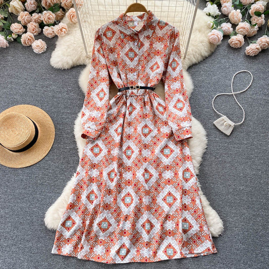 New Style Floral Dress Women High Waist Slim Polo Collar Long Sleeve A Line Dress