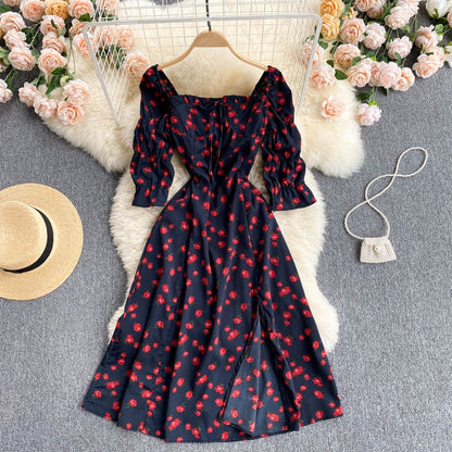 New Style Short Sleeved Floral Dress Women Square Neck Slim High Waist Split Mid Length Dress