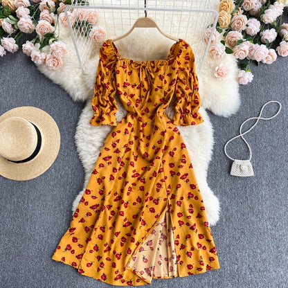 New Style Short Sleeved Floral Dress Women Square Neck Slim High Waist Split Mid Length Dress