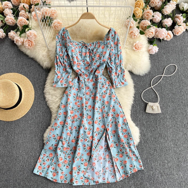 New Style Short Sleeved Floral Dress Women Square Neck Slim High Waist Split Mid Length Dress